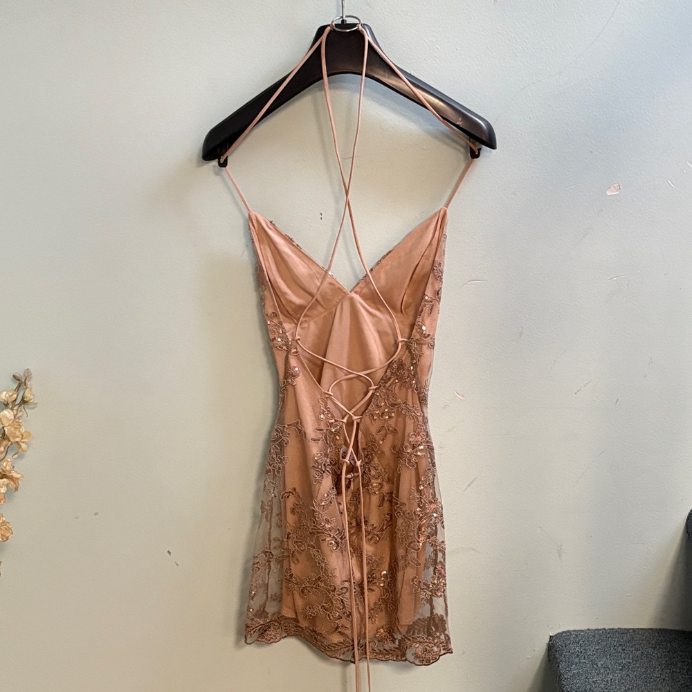 Elegant Lace-Trimmed Tan Slip Dress